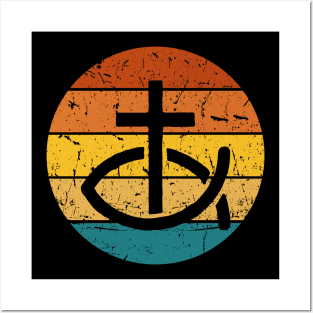 Cross And Fish Sunset Christian Logo Posters and Art